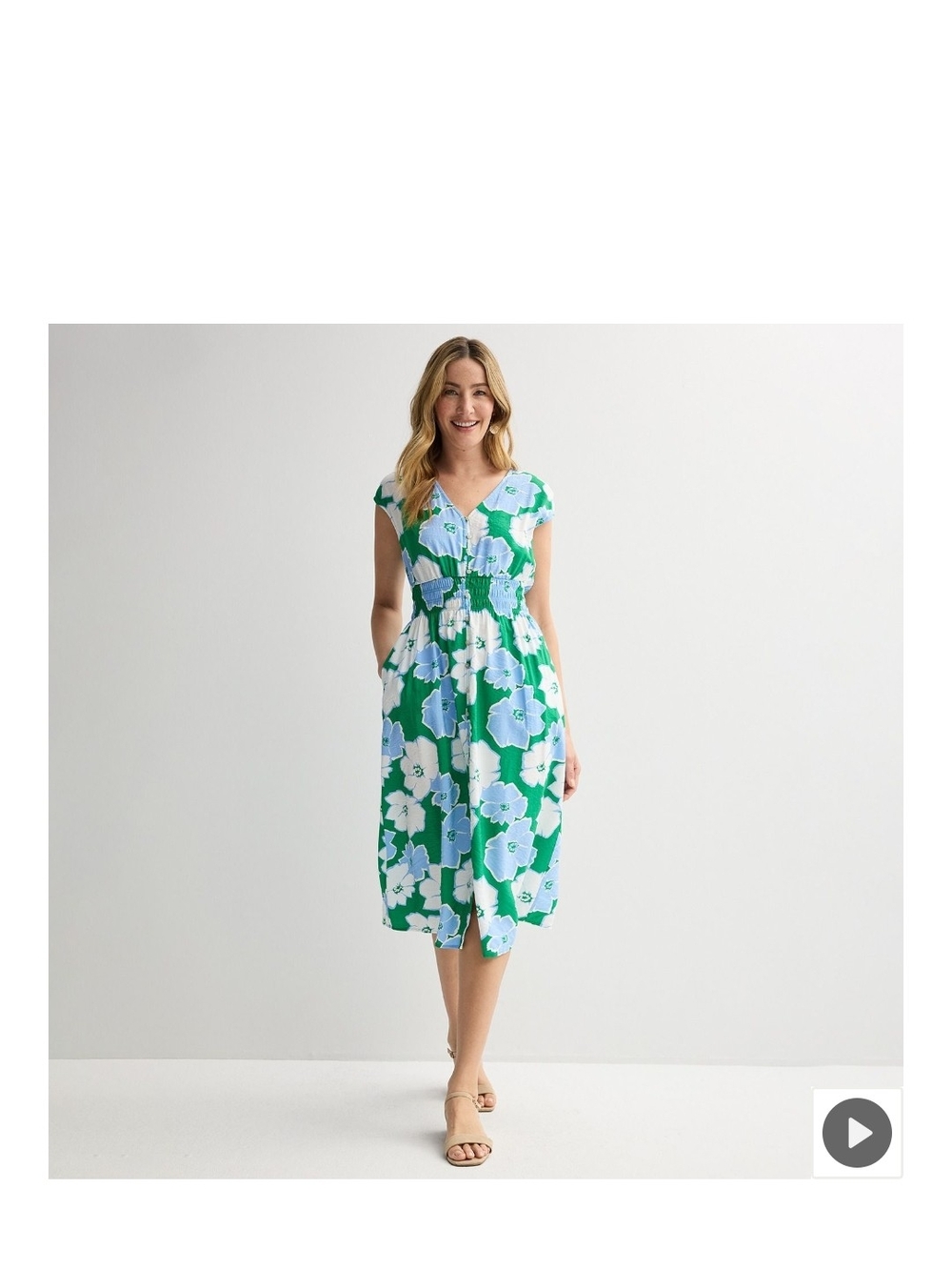 Floral V-Neck Cap-Sleeve Midi Dress in Green & Blue - Sonoma